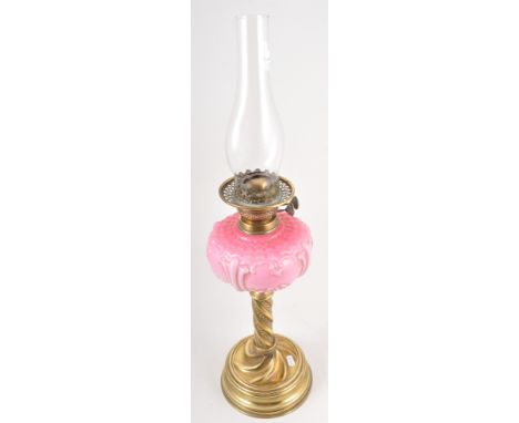 Victorian brass oil lamp, opaque glass reservoir, no shade, 68cm.