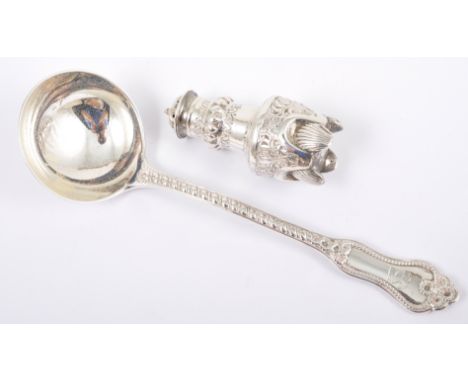 A Victorian silver sauce ladle, London 1863, a bead pattern handle, a Victorian style pepper pot, (2).