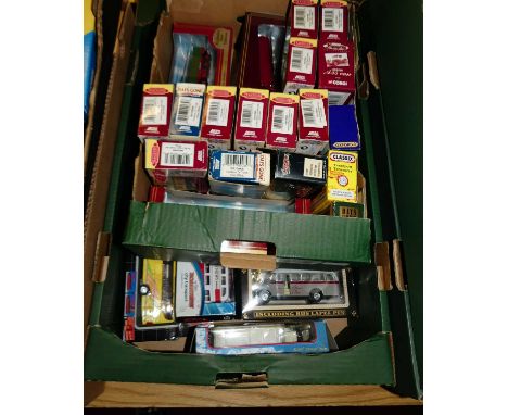 Two trays (1 small, 1 large) containing a selection of mixed modern issue buses and coaches (mainly boxed) to include a Corgi