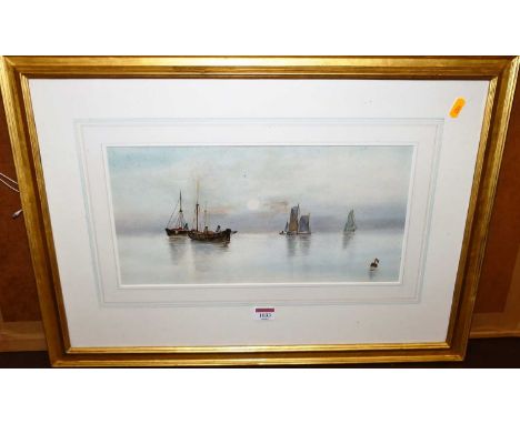 20th century school - Boats on the calm, watercolour, 21 x 40cmCondition report: Some light marks to the edges.A few light fo