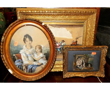 Late 19th century school - mother &amp; daughter, landscape portrait watercolour, heightened with white, framed as an oval 26