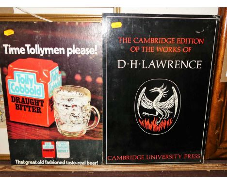 A printed easel advertising sign for Tolly Cobbald Ales, 40 x 26cm; and one other for the Cambridge University Press (2)