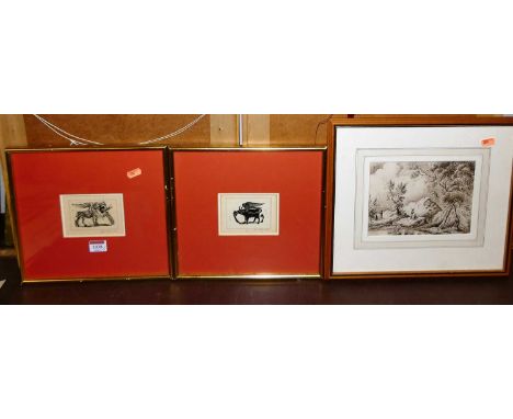 Joan Wallace Lewis - woodblock, 6 x 9cm; one other by the artist; and Huntsmen in a landscape ink sketch, 14 x 20cm (3)