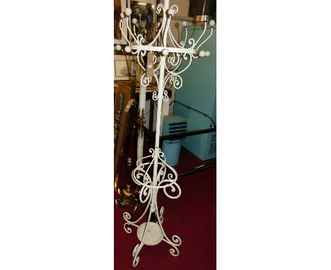 A contemporary white painted tubular and wired metal freestanding combination hat / stick stand, h.185cm