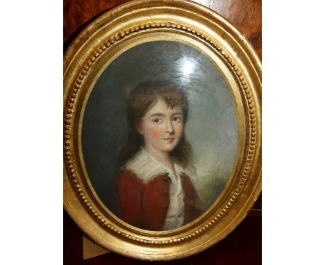 Mid 19th century English school - half length portrait of a child possibly a young Montague Bassett, pastel, framed as an ova