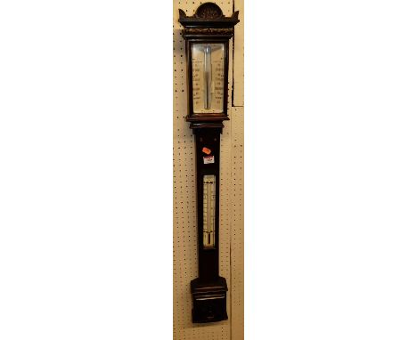 A Victorian relief carved oak two-dial stick barometer, h.102cm