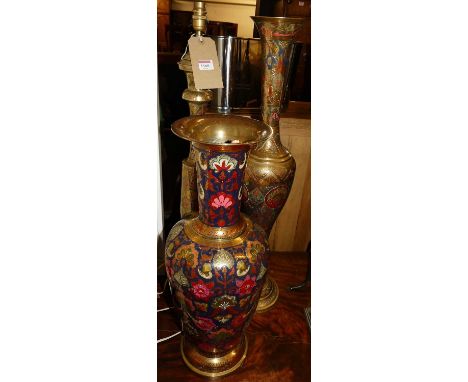 Two contemporary Eastern floral engraved brass vases, one of slender tapering form and the other of baluster form; together w