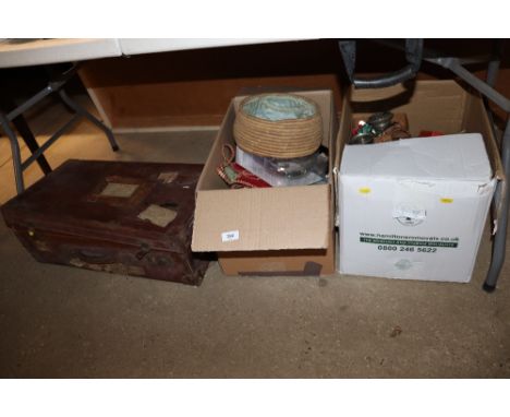 A vintage leather case and miscellaneous contents top include sketch books, bric-a-brac etc.