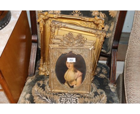 Five various gilt framed portrait prints of society ladies 