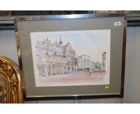 K. Mosley, watercolour depicting Cornhill Ipswich, dated '92