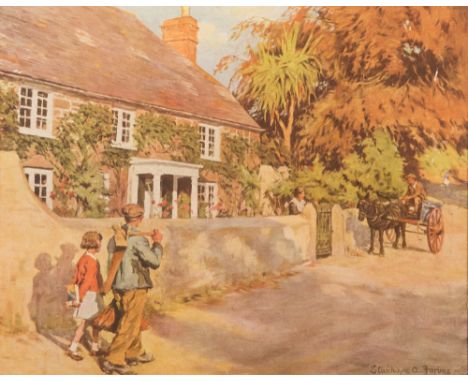 After Stanhope Alexander Forbes-Figures in a lane outside a cottage,:-coloured print signed in pencil in the mount by Stanhop