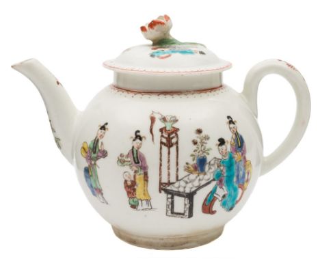 A First Period Worcester porcelain teapot and cover: of cannon ball form the domed cover with flower knop, decorated in colou