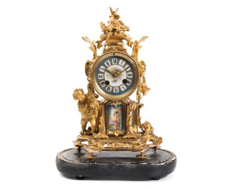Japy Freres, Paris, a French Victorian gilt-metal and porcelain mantel clock: the eight-day duration movement striking the ho