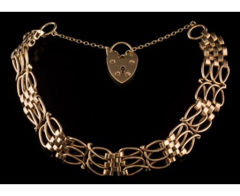 A 9ct gold gate-link bracelet: with padlock clasp and safety chain, 19gms gross weight. 