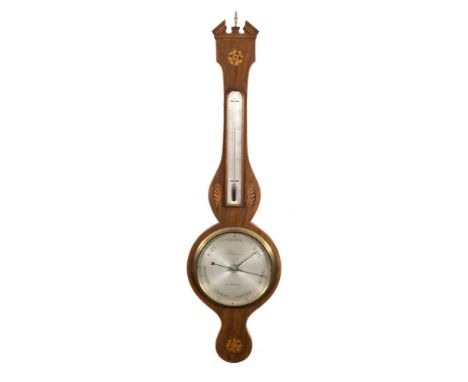 Biagini, London, a Sheraton-style inlaid wheel barometer: the eight-inch round silvered dial engraved with typical barometer 