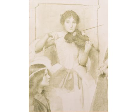 Thomas Cooper Gotch [1854-1931]-Holy Motherhood,; a sketch of a part of the work featuring a woman playing a violin and a you