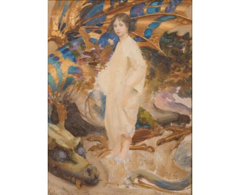 Thomas Cooper Gotch [1854-1931]-The Child in the World; 1895,:-an oil sketch study initialled T.C.G. bottom right,oil on boar