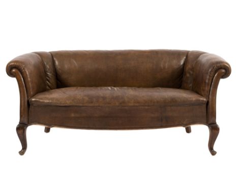 A Swedish Chesterfield style sofa:, upholstered in plain brown leather, on cabriole front legs, 170cm (5ft 7in) long.