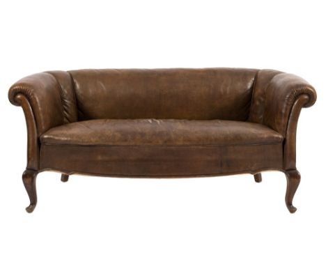 A Swedish Chesterfield style sofa:, upholstered in plain brown leather, on cabriole front legs, 170cm (5ft 7in) long.