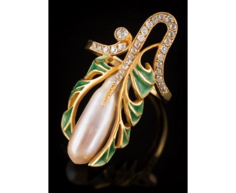 An Art Nouveau-style plique-a-jour enamel, cultured pearl and diamond ring: of foliate design with central long cultured pear