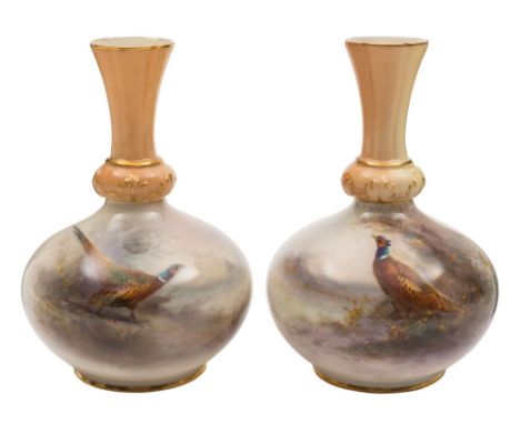A pair of Royal Worcester vases by James Stinton: each of squat baluster form with leaf moulded fluted neck and painted with 