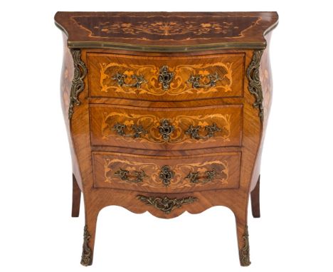 A late 19th Century French rosewood, kingwood, floral marquetry and gilt metal mounted serpentine fronted bombe commode in th