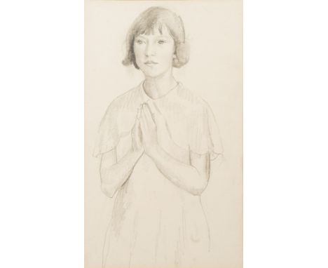 Harold Harvey [1874-1941]-Girl at prayer, standing three-quarter length,:-pencil drawing25 x 15cm, verso a sketch of Treriefe