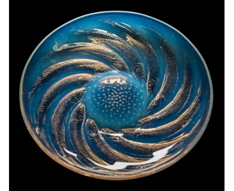 A Lalique opalescent glass dish 'Poissons': the exterior intaglio moulded with bubbles and encircling fish, the interior base