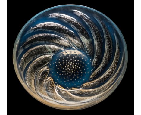 A Lalique glass bowl 'Poissons': the exterior intaglio moulded with bubbles and encircling fish, the interior base embossed R