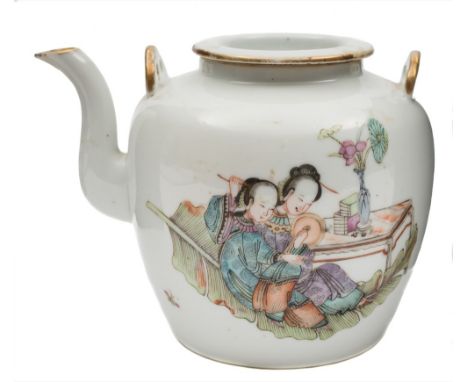 A Chinese porcelain teapot and cover: enamelled in the famille rose palette with a pair of beauties sat upon a plantain leaf 