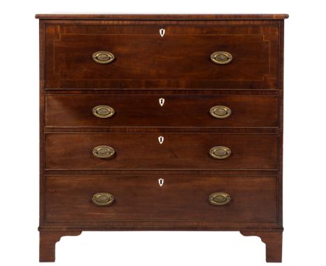 An early 19th Century mahogany crossbanded and inlaid secretaire chest:, the top bordered with boxwood and ebony lines, the c