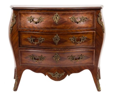 A Swedish mahogany, inlaid parquetry and gilt metal mounted bombe commode:, bordered with boxwood lines, the top with a lozen