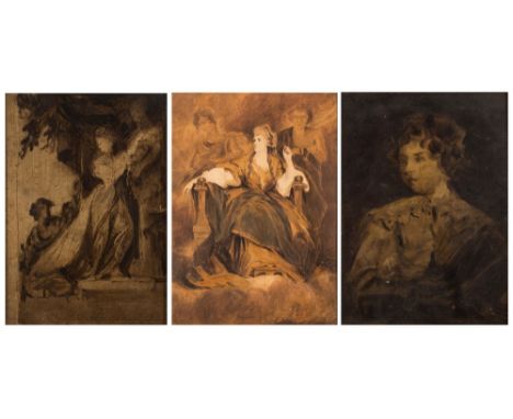 After Sir Joshua Reynolds [19th Century]-Portrait study of a Youth; Figure by a classical statue;Seated woman and figures,:-a