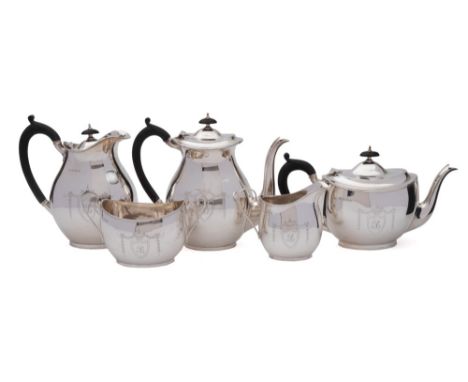 A George V silver five-piece tea and coffee service, maker William Aitken, Birmingham, 1911/15: initialled within a shield-sh