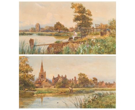  William Stuart Lloyd [1845-1929]-Godmanchester; fishermen on a river bank, town beyond;Six Gate Pit; a river scene with a fi