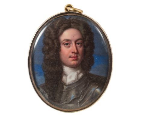 Attributed to Christian Friedrich Zincke [1685-1767]-A miniature enamel portrait of a nobleman,:-head and shoulder, with long