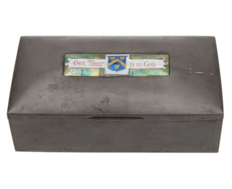 Liberty & Co, a Tudric Arts and Crafts silver plated casket: the shallow domed hinged inset with enamel panel bearing a crest