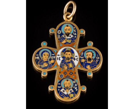 An early 20th century enamelled cross pendant: decorated in polychrome enamel depicting images of Saint Basil, Saint John Chr
