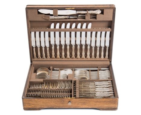 An Elizabeth II silver fiddle scroll and shell pattern flatware service, maker Mappin & Webb, Sheffield, 1967/70: includes fo