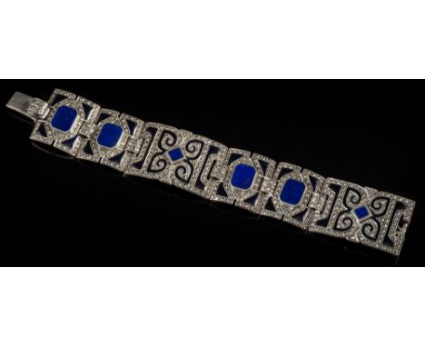 A lapis lazuli, marcasite and black enamel decorated  bracelet: of rectangular panel links and stamped '925'.