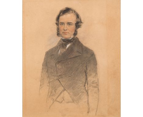 Attributed to George Richmond [1809-1896]-Portrait of a gentleman, three-quarter length standing,:-pencil and chalk drawing o