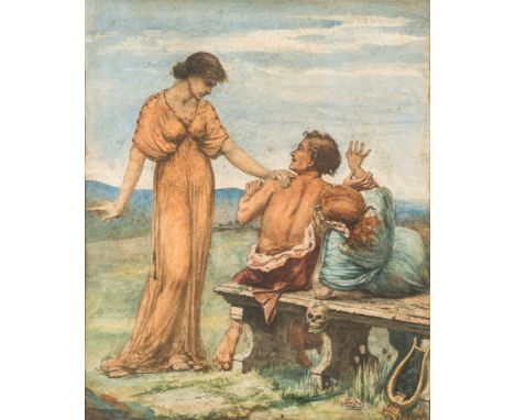 Thomas Cooper Gotch [1854-1931]-Destiny; a woman robed in amber interrupting a man and woman in a landscape,:-a sketch for th