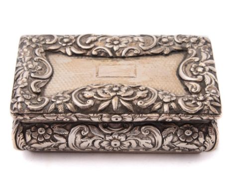 A William IV silver snuff box, maker Nathaniel Mills, Birmingham, 1832: of rectangular outline, the hinged top with engine tu