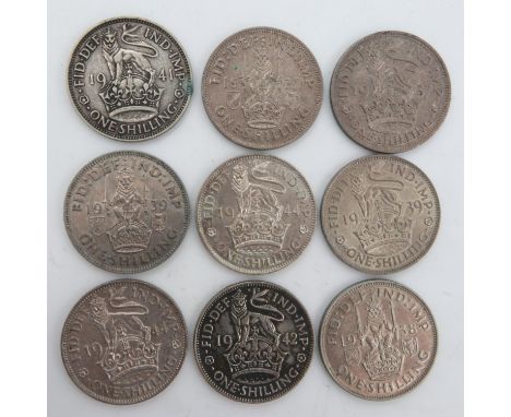 Nine silver shillings of George VI, 1937-44. UK P&amp;P Group 0 (£6+VAT for the first lot and £1+VAT for subsequent lots) 