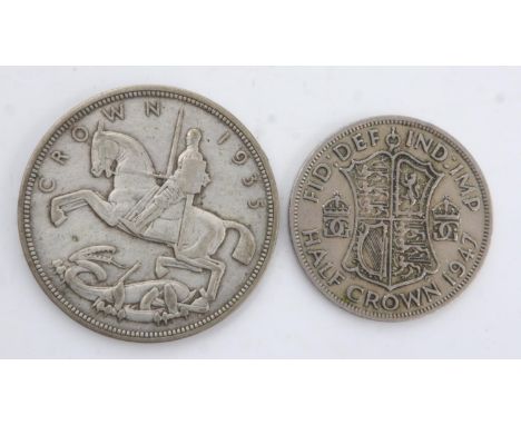 1935 silver crown of George V, with a 1947 half crown of George VI. UK P&amp;P Group 0 (£6+VAT for the first lot and £1+VAT f