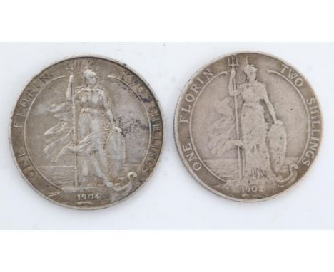 Two silver florins of Edward VII - 1902 and 1904. UK P&amp;P Group 0 (£6+VAT for the first lot and £1+VAT for subsequent lots