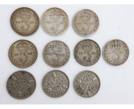 Eight silver threepences of George V and an Edward VII example (9). UK P&amp;P Group 0 (£6+VAT for the first lot and £1+VAT f