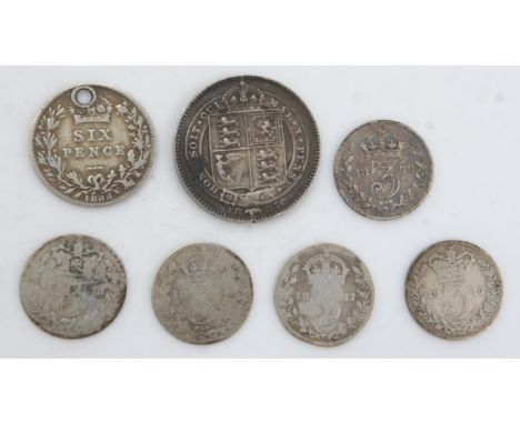 Silver denominations of Queen Victoria, threepence to shilling (7) - mixed grades. UK P&amp;P Group 0 (£6+VAT for the first l