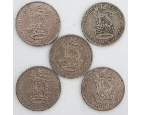 Five silver shillings of George V, 1932-36. UK P&amp;P Group 0 (£6+VAT for the first lot and £1+VAT for subsequent lots) 