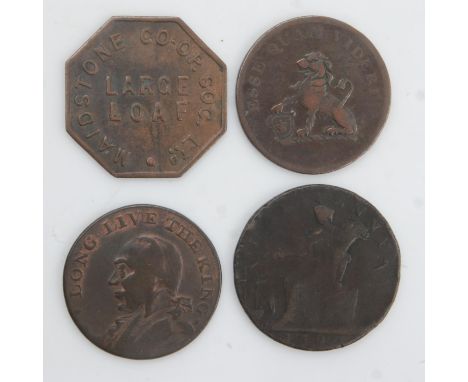 Four early milled tokens including God Save the King George III medal - circulated. UK P&amp;P Group 0 (£6+VAT for the first 